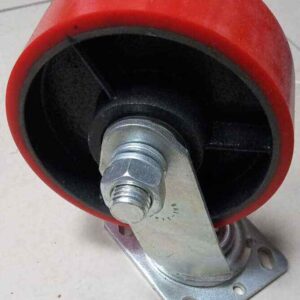 RUEDA DE POLIURETHANO PLANA DE 6" (152mm) X 49mm C/BASE GIRATORIA / PU WHEEL W/6204 BEARING; PLATE 100X114mm HEAVY DUTY  CASTER SWIVEL BASE Cap.750Kgs