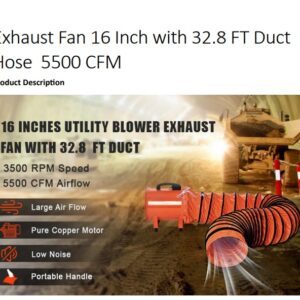 Ventilador (blower) Axial Anti-Explosión 16" 1500W; 110 V; High Velocity Ventilator w/ Duct Hose 32.8FT